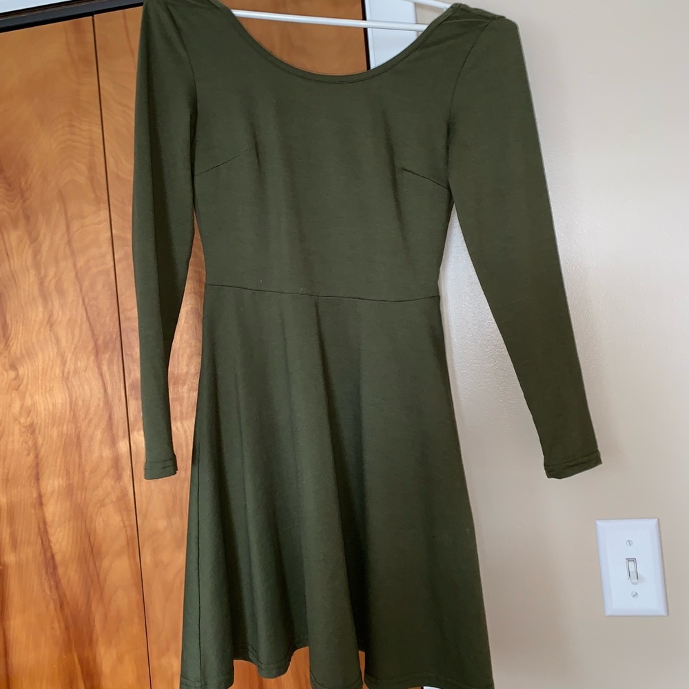 Long sleeve olive green skater dress.